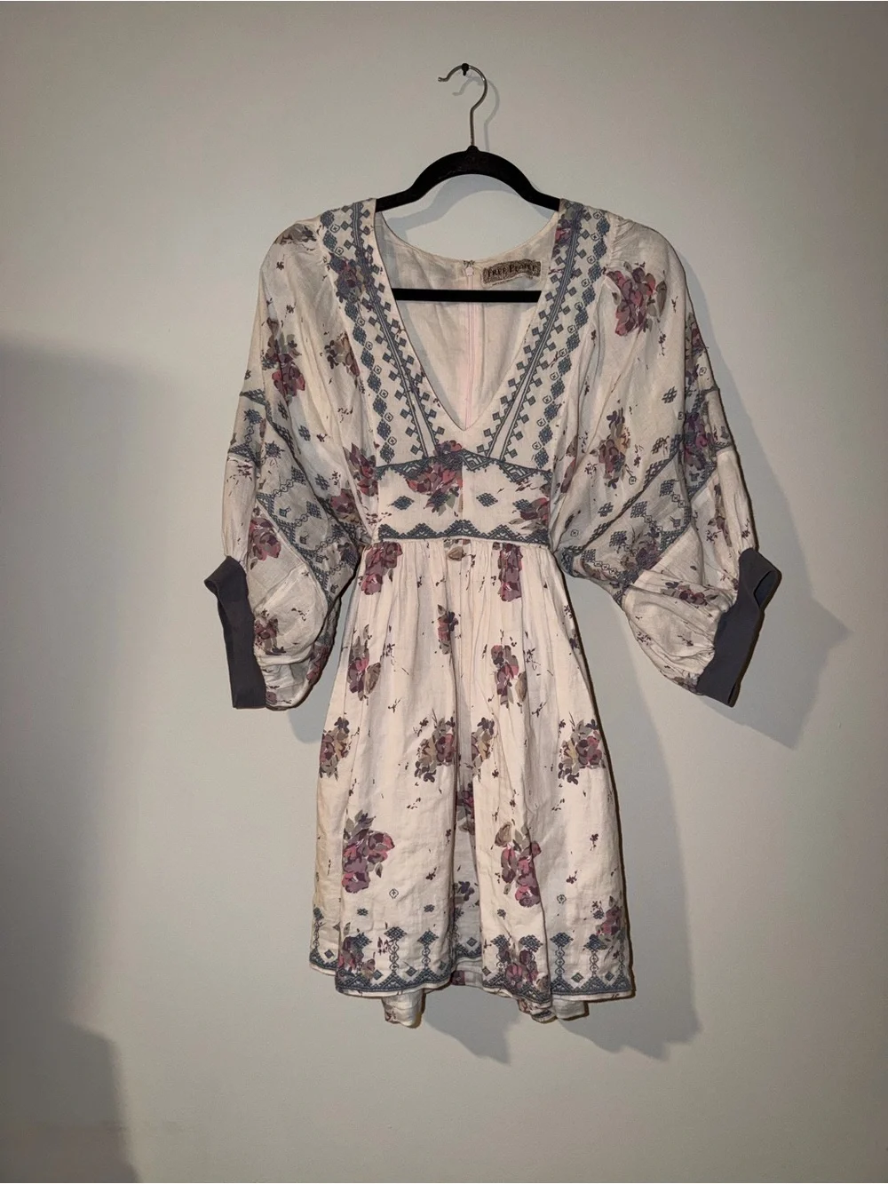 Free People Cream Mini Dress with Dusty Rose & Muted Blue Floral - Picture 1 of 3